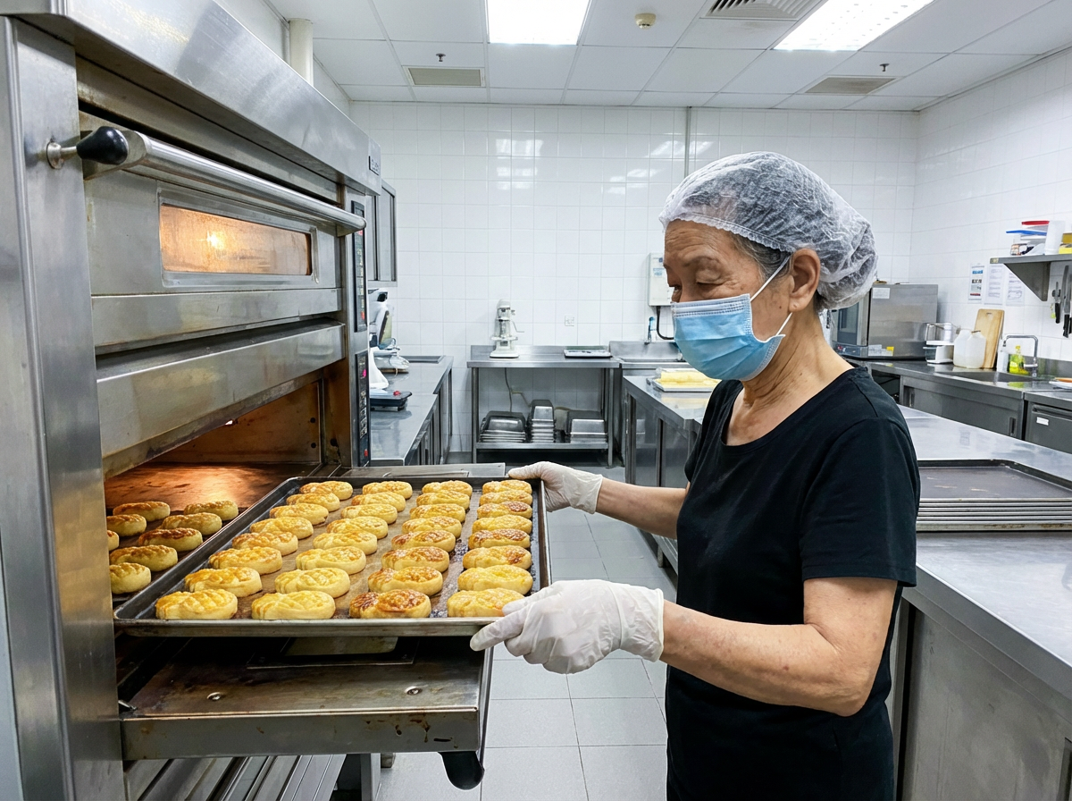 Traditional Nyonya grandmother taking pineapple tarts from the oven